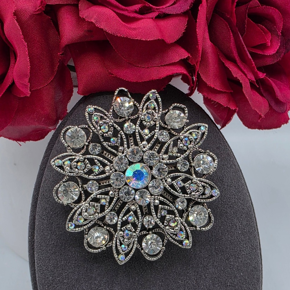Monet Silver Tone Rhinestone Sunburst‎ Brooch Aurora Borealis Snowflake Pin